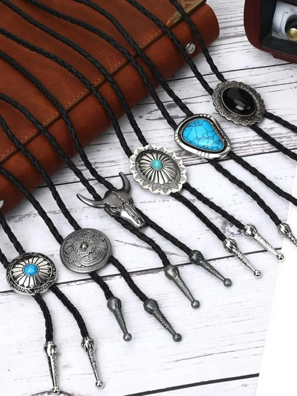 8-Piece Vintage Bolo Tie Set | Adjustable Western Leather Neckties | Cowboy